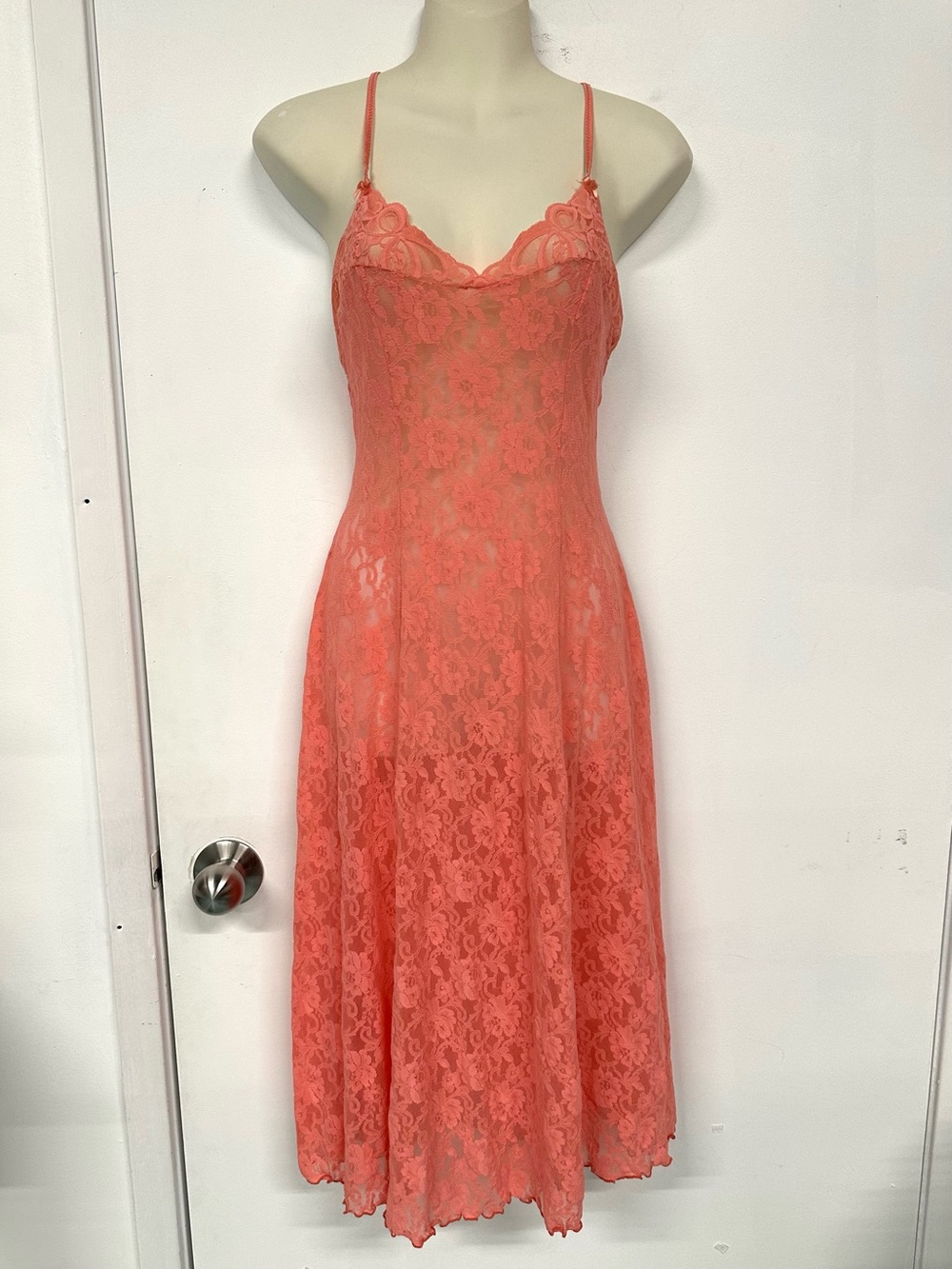 Vintage Peach Stretch Lace Midi Slip Dress Sheer Cami Nightgown Style Romantic